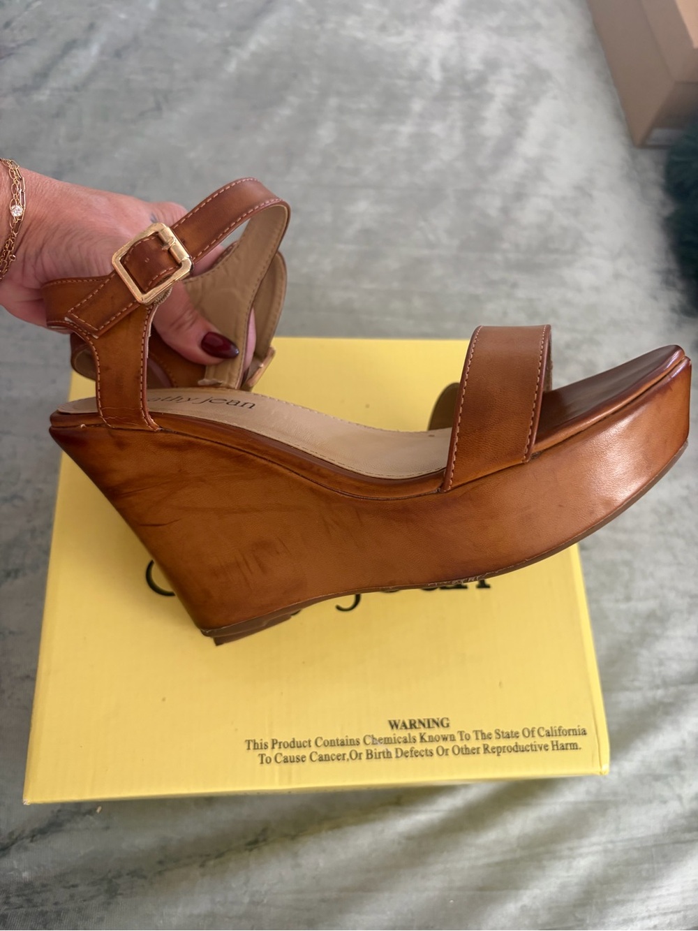 Cathy Jean Tan Brown Leather Wedge Sandals with Buckle